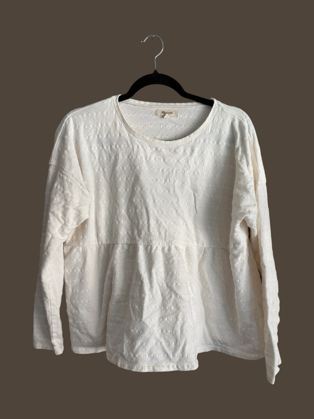 Madewell Women’s Sz M Babydoll Jacquard Longsleeve Top Cream White Cotton Blend